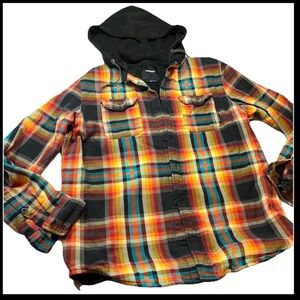 BURTON Hooded PLAID button SHIRT Jacket yellow blue Black Thermal knit lining Lg